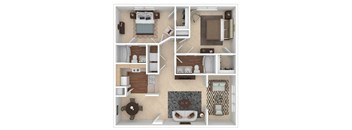 A 3D floor plan of a small apartment with a kitchen, living room, and bathroom.
