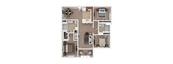 A floor plan of a small apartment with a kitchen, living room, and two bedrooms.