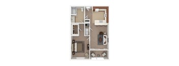 A floor plan of a small apartment with a kitchen, living room, and bathroom.