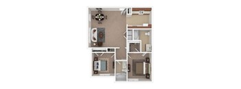 A floor plan of a small apartment with a kitchen, living room, and two bedrooms.
