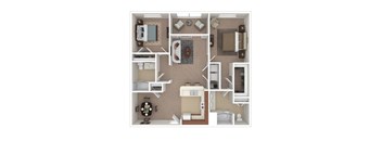 A floor plan of a small apartment with a kitchen, living room, and bathroom.