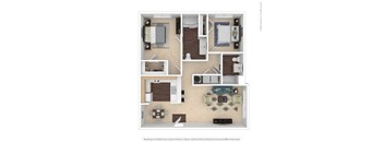 A floor plan of a house with a kitchen, living room, and two bedrooms.