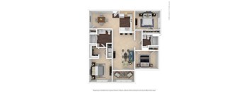 A detailed 3D floor plan of a house layout.