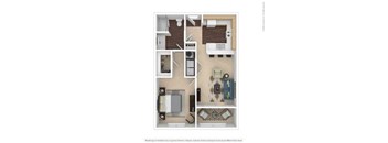 A floor plan of a small apartment with a kitchen, living room, and bathroom.