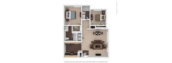 A floor plan of a house with a living room, two bedrooms, a bathroom, and a kitchen.