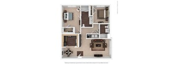 A floor plan of a house with a kitchen, living room, dining room, and two bedrooms.