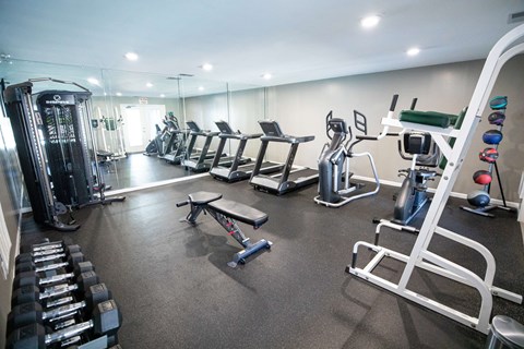 A gym with a variety of equipment including treadmills, weights, and exercise machines.