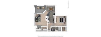 A floor plan of a house with a kitchen, living room, and two bedrooms.