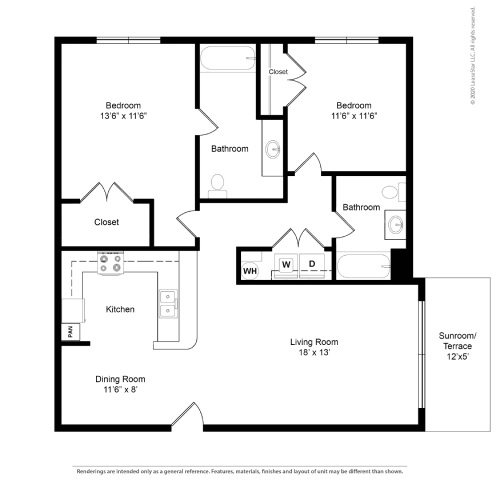 A black and white image of a house floor plan with a living room, two bedrooms, a dining room, a kitchen, two bathrooms, and a sunroom/terrace.