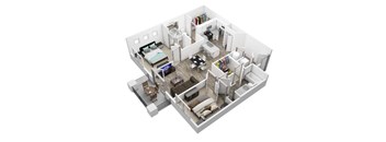 A 3D floor plan of a house with a living room, kitchen, and two bedrooms.