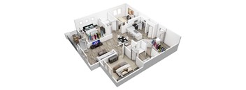 A 3D floor plan of a house with a living room, kitchen, dining room, and bedrooms.