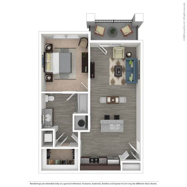 A floor plan of a small apartment with a kitchen, living room, and bathroom.