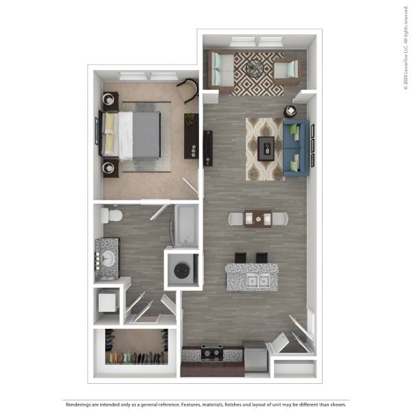 A floor plan of a small apartment with a kitchen, living room, and bathroom.