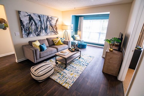 A living room with a grey couch, a coffee table, a rug, and a painting on the wall.