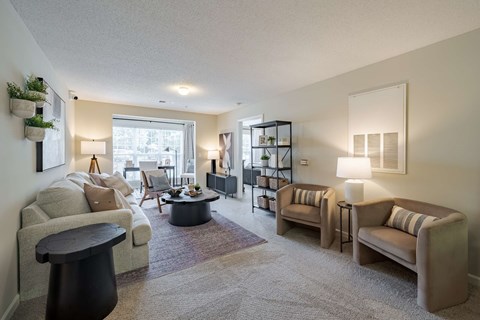 A living room with a grey carpet and furniture.