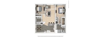A floor plan of a two-bedroom apartment with a living room, kitchen, and bathroom.