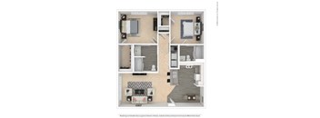 A floor plan of a house with a kitchen, living room, and two bedrooms.