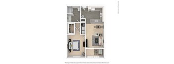 A floor plan of a house with a kitchen, living room, and two bedrooms.