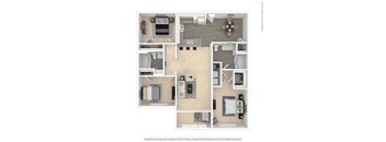A floor plan of a small apartment with a kitchen, living room, and two bedrooms.