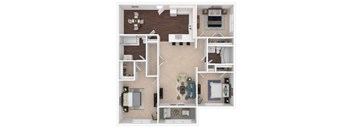 A floor plan of a house with a kitchen, living room, and two bedrooms.