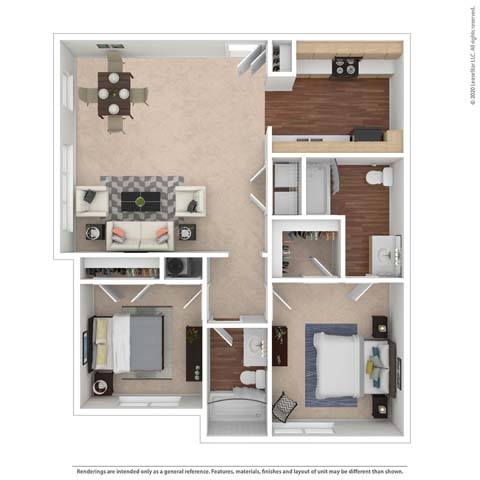A 3D rendered image of a small apartment layout.