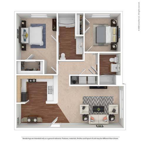 A floor plan of a house with a living room, kitchen, and two bedrooms.