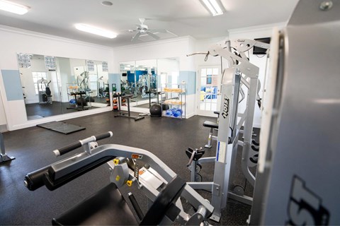 A gym with a variety of equipment including a treadmill, a weight machine and a rowing machine.