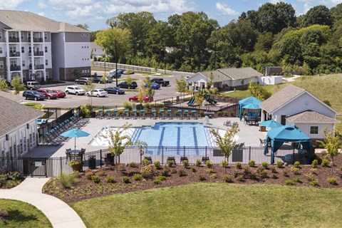 A large swimming pool surrounded by a grassy area and trees.