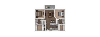 A floor plan of a house with a kitchen, living room, and two bedrooms.