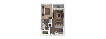 A floor plan of a small apartment with a kitchen, living room, and bedroom.
