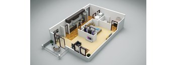 A 3D floor plan of a house with a kitchen, living room, and bathroom.