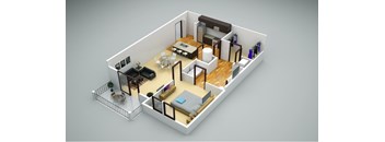 A 3D rendered image of a small apartment layout.