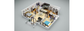 A 3D rendered image of a small apartment layout.