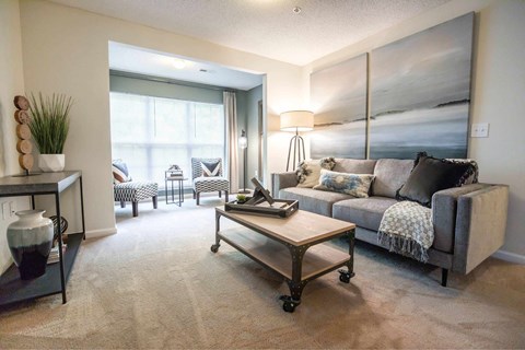 A living room with a grey couch and a coffee table.