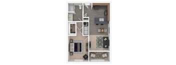 A floor plan of a house with a kitchen, living room, and two bedrooms.