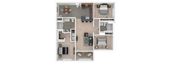 A detailed 3D floor plan of a small apartment.