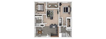 A 3D floor plan of a house showing a kitchen, living room, and two bedrooms.