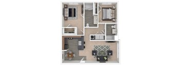 A floor plan of a small apartment with a kitchen, living room, and bathroom.