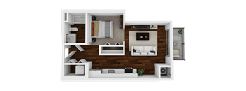 A 3D rendered image of a modern apartment layout.