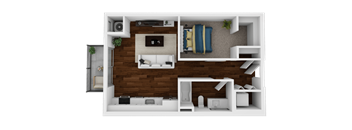 A top-down view of a modern apartment layout with a living room, kitchen, and bedroom.