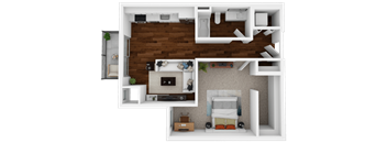 A 3D floor plan of a small apartment with a living room, kitchen, and bedroom.