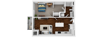 A top-down view of a small apartment with a bedroom and living room.