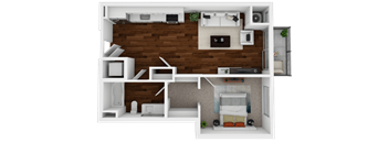 A 3D rendered image of a small apartment layout.