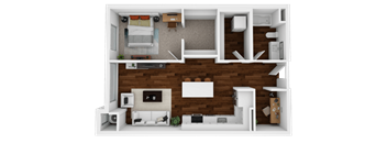 A top-down view of a modern apartment layout with a living room, kitchen, and bedroom.
