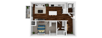 A 3D floor plan of a small apartment with a bedroom and living room.