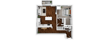 A top-down view of a small apartment with a kitchen, living room, and bedroom.