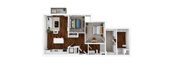 A 3D rendered image of a small apartment layout.