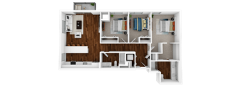 A 3D floor plan of a house showing a kitchen, living room, two bedrooms, and a bathroom.