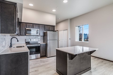 A modern kitchen with dark cabinets and stainless steel appliances.