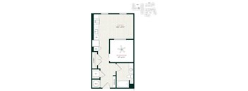 A floor plan of a living space with a bedroom and bathroom.